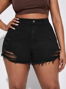 SHEIN SXY Plus Ripped Raw Hem Denim Shorts - Black - View 4