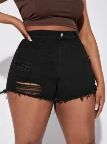 SHEIN SXY Plus Ripped Raw Hem Denim Shorts - Black - View 1
