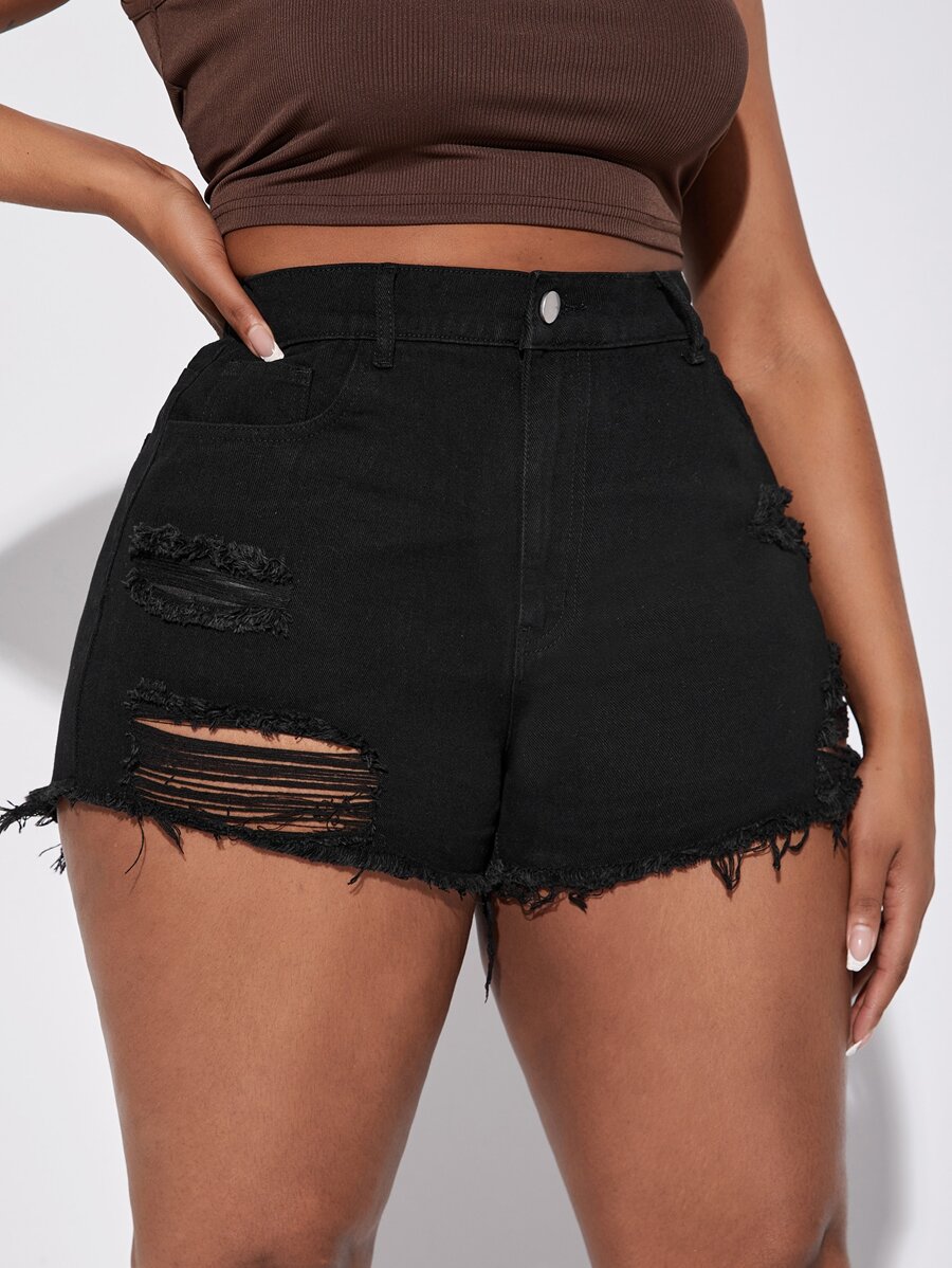 SHEIN SXY Plus Ripped Raw Hem Denim Shorts - Black - View 1