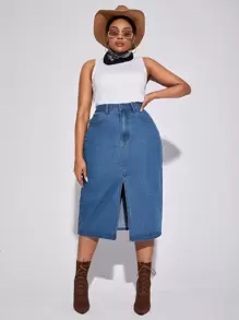 SHEIN Essnce Eenkleurig Grote maat: jeansrok Zak Split Rits Knoop