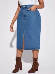 SHEIN Essnce Eenkleurig Grote maat: jeansrok Zak Split Rits Knoop