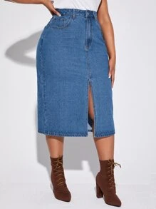 SHEIN Essnce Eenkleurig Grote maat: jeansrok Zak Split Rits Knoop