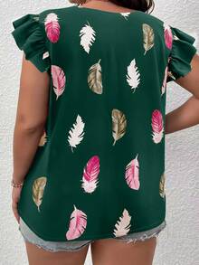 SHEIN LUNE Plus Feather Print Contrast Guipure Lace Butterfly Sleeve Blouse - Dark Green - View 2