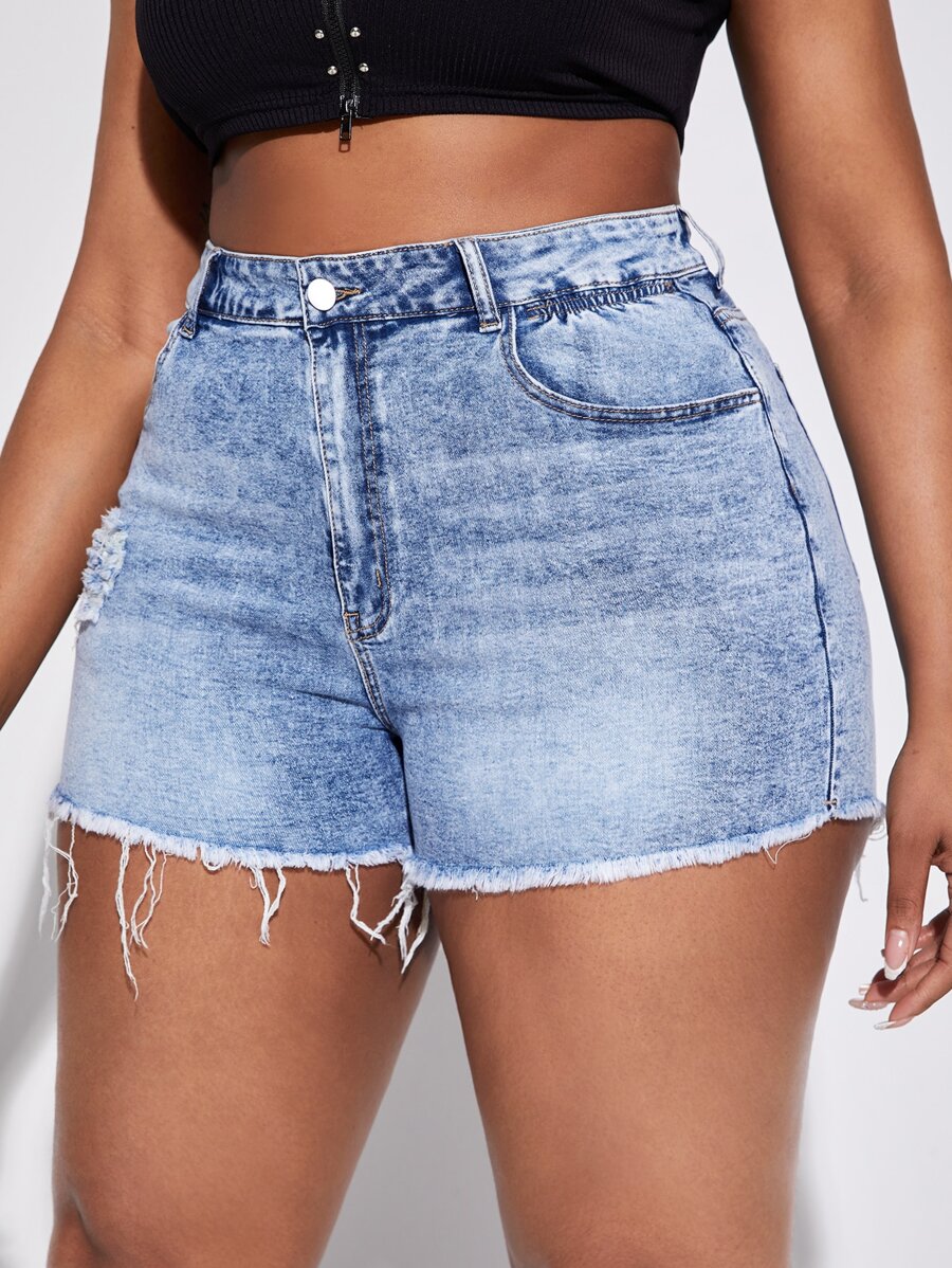 SHEIN SXY Plus High Waist Ripped Raw Hem Denim Shorts - Light Wash - View 1
