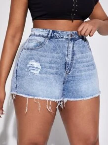 SHEIN SXY Plus High Waist Ripped Raw Hem Denim Shorts - Light Wash - View 4