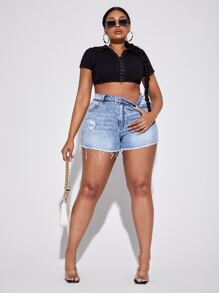 SHEIN SXY Plus High Waist Ripped Raw Hem Denim Shorts - Light Wash - View 3