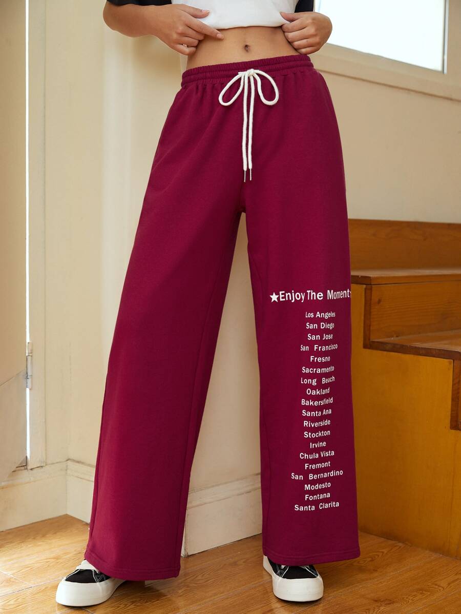 SHEIN EZwear Slogan Graphic Drawstring Waist Joggers - Burgundy - View 1