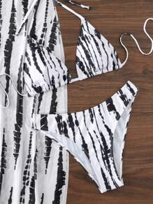 SHEIN Swim Summer Beach Tie Dye Bikini Set Halter Triangle Bra & Cheeky Bottom & Drawstring Ruched Cover Up Dress 3 Pieces Bikini - Black and White - View 4