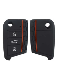 1pc Black Silicone Car Key Protector Case, Anti-Drop 3-Button Design Suitable For VW Polo Golf 7 Tiguan, SEAT Ateca Leon Ibiza, Skoda Fabia Kodiaq Karoq - Black - View 1