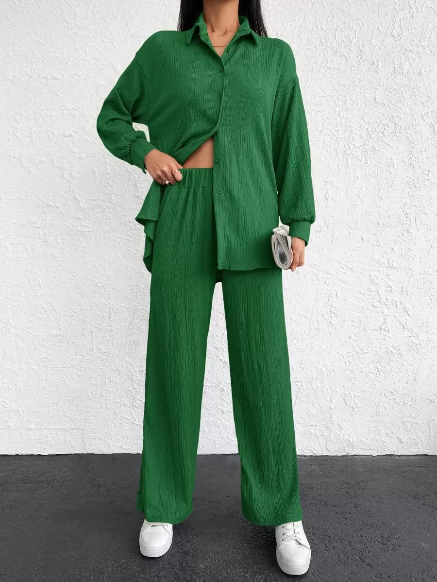 EURMUSE Drop Shoulder Button Front Shirt & Trousers - Green - View 1