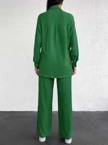 EURMUSE Drop Shoulder Button Front Shirt & Trousers - Green - View 2
