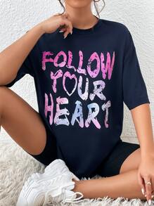 SHEIN Unity Camiseta de hombros caídos con estampado de slogan - Azul Marino - Ver 1