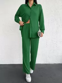 EURMUSE Drop Shoulder Button Front Shirt & Trousers - Green - View 3