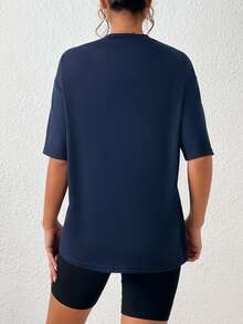 SHEIN Unity Camiseta de hombros caídos con estampado de slogan - Azul Marino - Ver 2