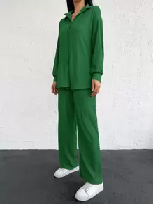 EURMUSE Drop Shoulder Button Front Shirt & Trousers - Green - View 4