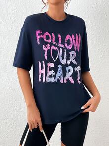 SHEIN Unity Camiseta de hombros caídos con estampado de slogan - Azul Marino - Ver 3