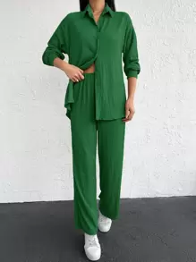 EURMUSE Drop Shoulder Button Front Shirt & Trousers - Green - View 5