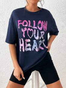 SHEIN Unity Camiseta de hombros caídos con estampado de slogan - Azul Marino - Ver 4