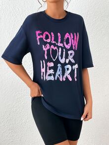 SHEIN Unity Camiseta de hombros caídos con estampado de slogan - Azul Marino - Ver 5