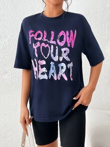 SHEIN Unity Camiseta de hombros caídos con estampado de slogan - Azul Marino - Ver 6