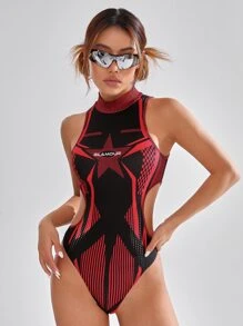 Coolane Star Stripe Print Hollow Turtleneck Slim Fit Bodysuit - Multicolor - View 1