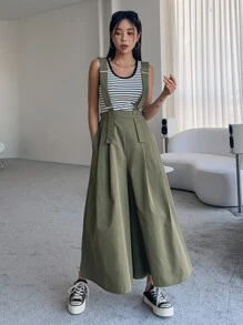DAZY Solid Wide Leg Pinafore Trousers Without Tank Top - Green - View 1