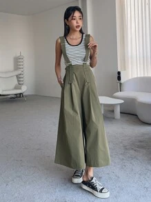 DAZY Solid Wide Leg Pinafore Trousers Without Tank Top - Green - View 4