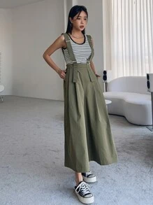 DAZY Solid Wide Leg Pinafore Trousers Without Tank Top - Green - View 5