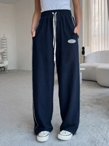 DAZY Letter Patched Detail Top-Stitching Drawstring Waist Joggers - Navy Blue - View 3