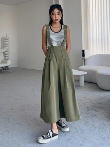 DAZY Solid Wide Leg Pinafore Trousers Without Tank Top - Green - View 7