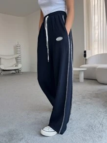 DAZY Letter Patched Detail Top-Stitching Drawstring Waist Joggers - Navy Blue - View 4