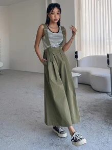 DAZY Solid Wide Leg Pinafore Trousers Without Tank Top - Green - View 8