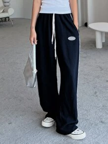 DAZY Letter Patched Detail Top-Stitching Drawstring Waist Joggers - Navy Blue - View 5