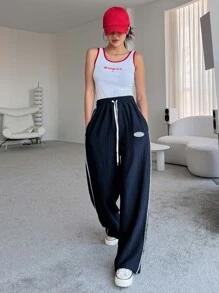 DAZY Letter Patched Detail Top-Stitching Drawstring Waist Joggers - Navy Blue - View 6