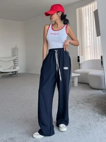 DAZY Letter Patched Detail Top-Stitching Drawstring Waist Joggers - Navy Blue - View 7