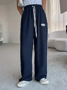 DAZY Letter Patched Detail Top-Stitching Drawstring Waist Joggers - Navy Blue - View 8