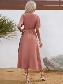 Breezaya Đầm Thắt nút Trọn gói màu trơn Boho - Màu hồng gỉ - Xem 2