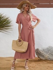 Breezaya Đầm Thắt nút Trọn gói màu trơn Boho - Màu hồng gỉ - Xem 6