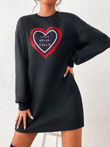 SHEIN Essnce Heart & Slogan Graphic Drop Shoulder Sweatshirt Dress - Black - View 1