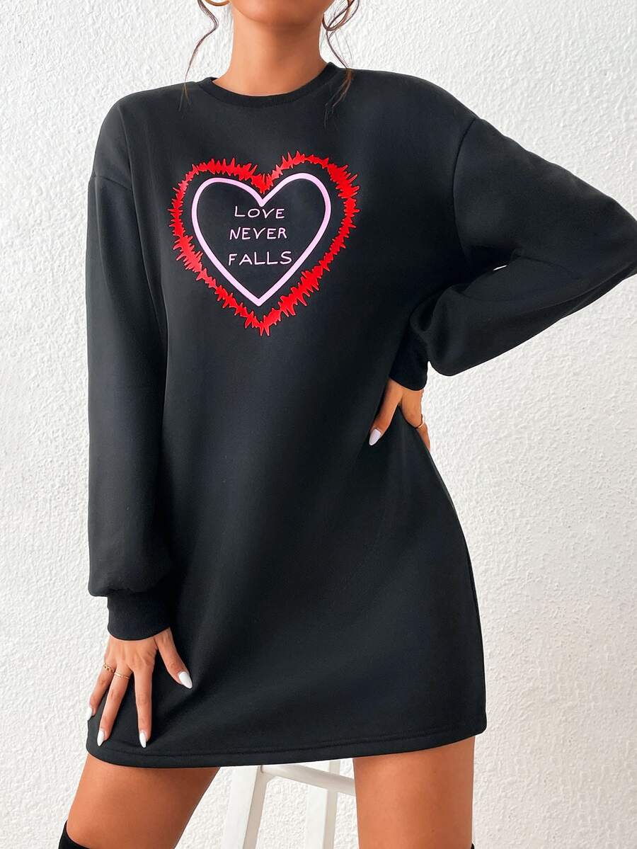 SHEIN Essnce Heart & Slogan Graphic Drop Shoulder Sweatshirt Dress - Black - View 1