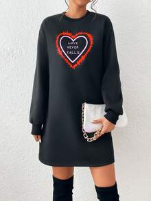 SHEIN Essnce Heart & Slogan Graphic Drop Shoulder Sweatshirt Dress - Black - View 3