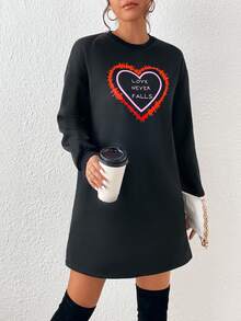 SHEIN Essnce Heart & Slogan Graphic Drop Shoulder Sweatshirt Dress - Black - View 4