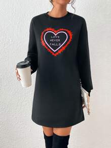 SHEIN Essnce Heart & Slogan Graphic Drop Shoulder Sweatshirt Dress - Black - View 6
