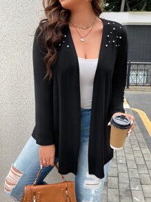SHEIN LUNE Áo khoác cỡ lớn Bất đối xứng cườm đính Ngọc trai màu trơn Giải trí - màu đen - Xem 4