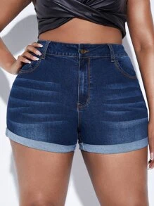 SHEIN SXY Plus High Waist Roll Up Hem Denim Shorts - Dark Wash - View 2