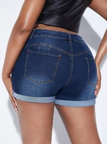 SHEIN SXY Plus High Waist Roll Up Hem Denim Shorts - Dark Wash - View 1