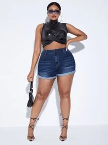 SHEIN SXY Plus High Waist Roll Up Hem Denim Shorts - Dark Wash - View 4
