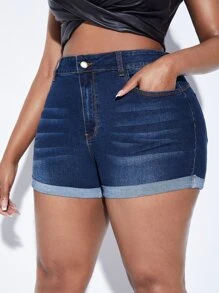 SHEIN SXY Plus High Waist Roll Up Hem Denim Shorts - Dark Wash - View 5