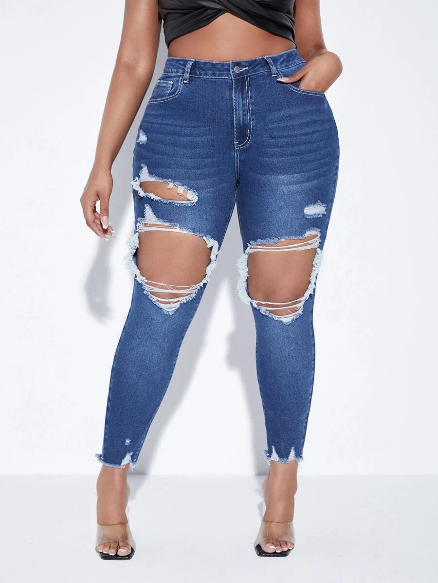 SHEIN Plus High Waist Ripped Cut Out Raw Trim Skinny Jeans - Medium Wash - View 1