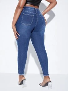 SHEIN Plus High Waist Ripped Cut Out Raw Trim Skinny Jeans - Medium Wash - View 2